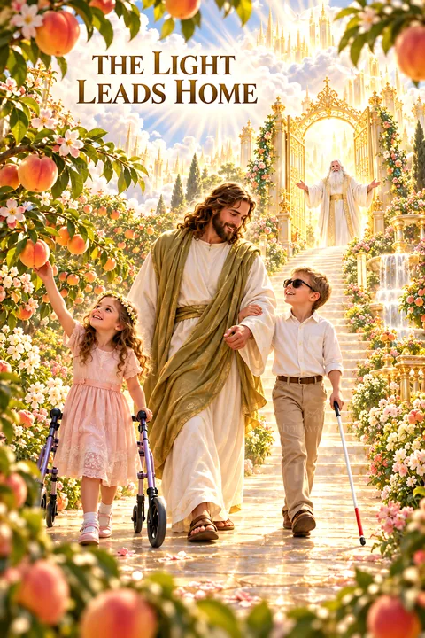 Jesus Christ walking with children in a vibrant garden setting - AI-generated stock image