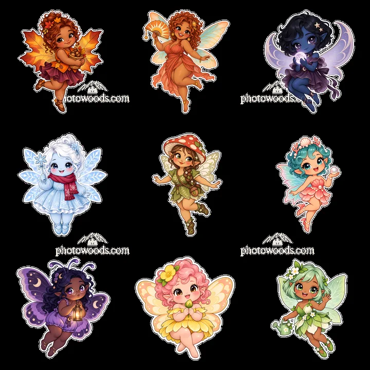 Colorful kawaii chubby fairies in a 3x3 grid layout - AI-generated stock image