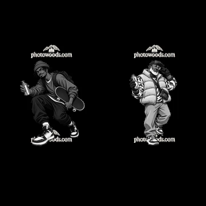 Graffiti sprayer and skateboarder in streetwear poses - AI-generated stock image