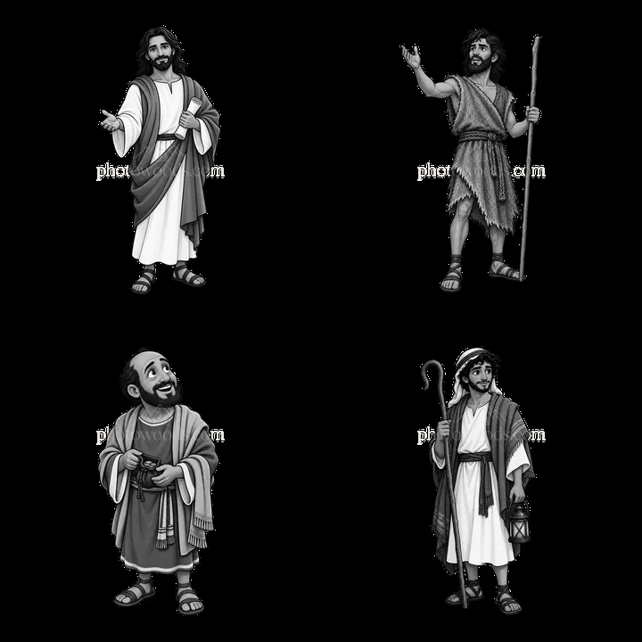 Four cartoon-style depictions of Jesus in different poses - AI-generated stock image
