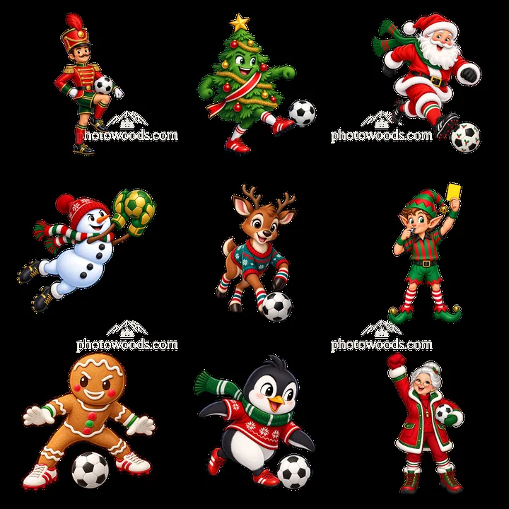 Christmas characters playing soccer in a 3x3 cartoon layout - AI-generated stock image