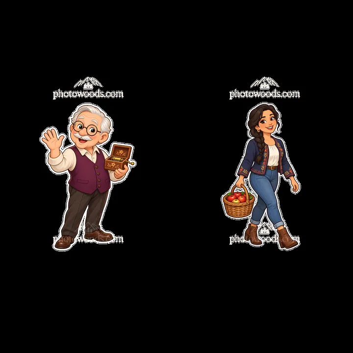 Grandfather waving holding a book with granddaughter carrying basket - AI-generated stock image