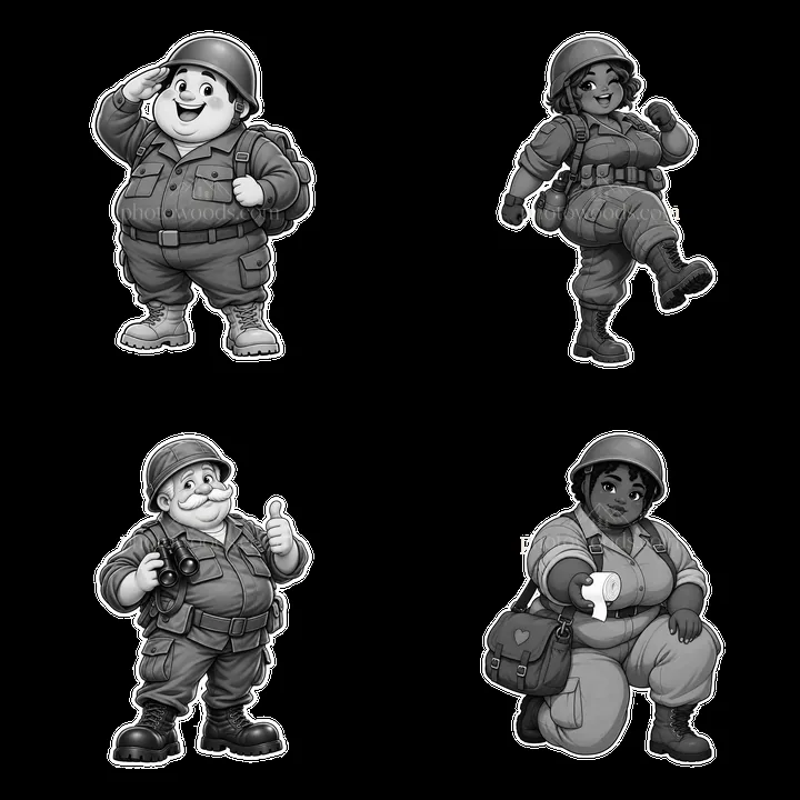 Cute chubby soldiers in black and white cartoon sticker design - AI-generated stock image