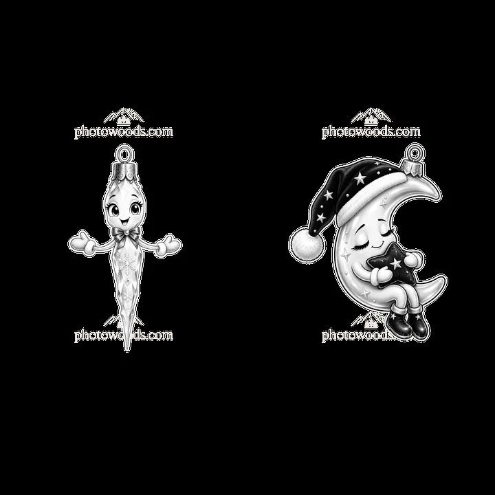 Cartoon Christmas ornaments featuring an angel and a moon - AI-generated stock image