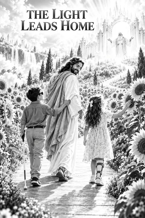 Jesus Christ walking with children in a field of sunflowers - AI-generated stock image
