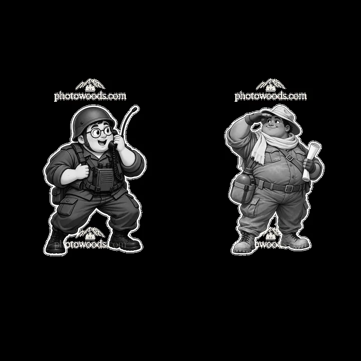 Cute ultra-chubby soldiers in playful poses with accessories - AI-generated stock image
