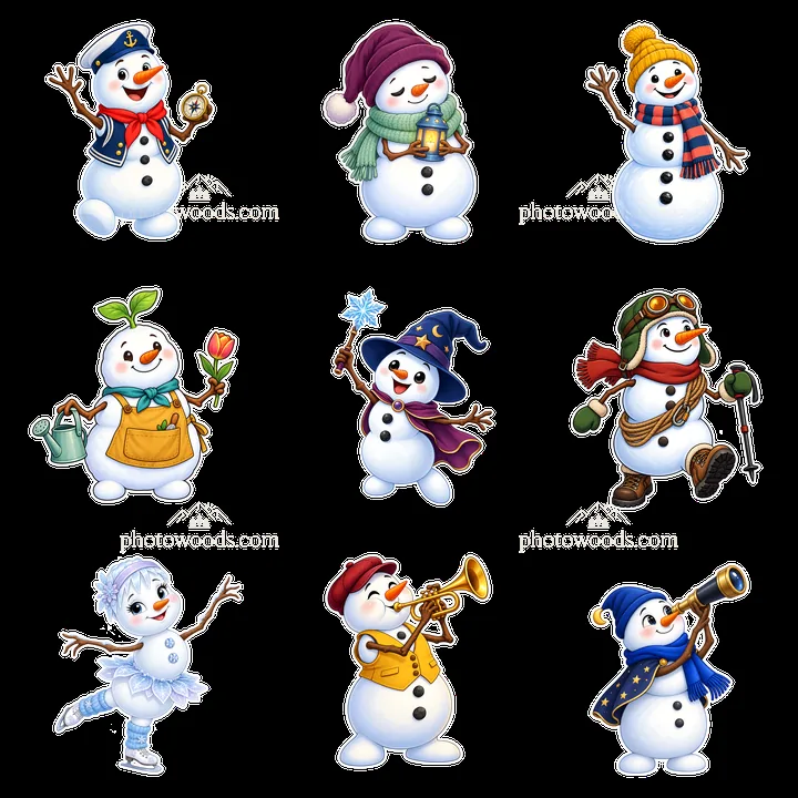 Snowmen in various outfits and activities in a grid layout - AI-generated stock image
