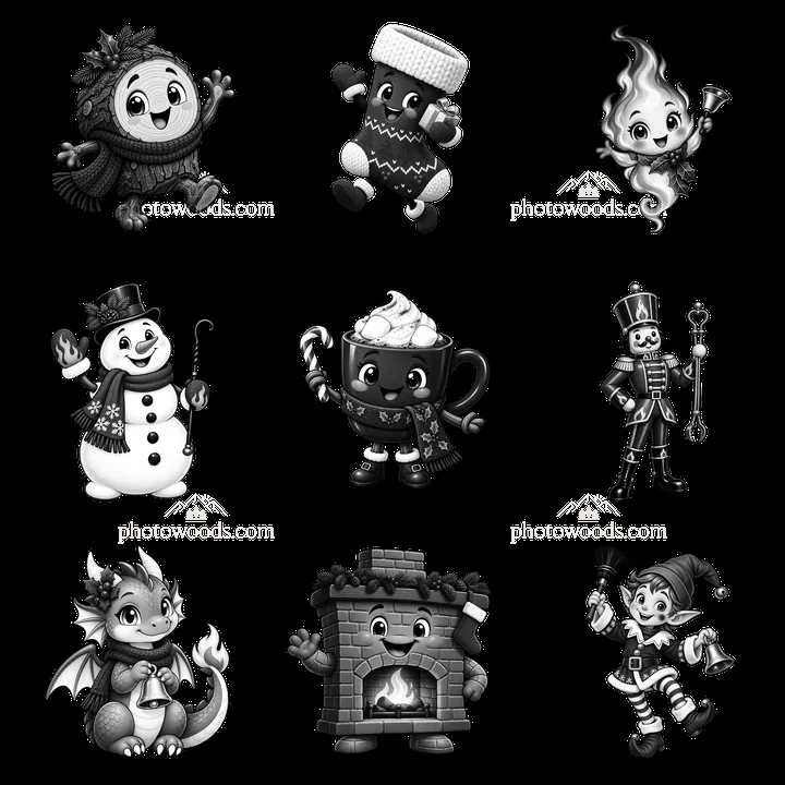 Cartoon characters celebrating Christmas in a fireplace theme - AI-generated stock image
