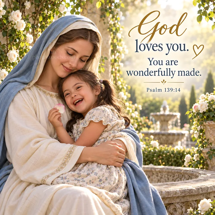 Jesus Christ comforts a child in a garden setting - AI-generated stock image