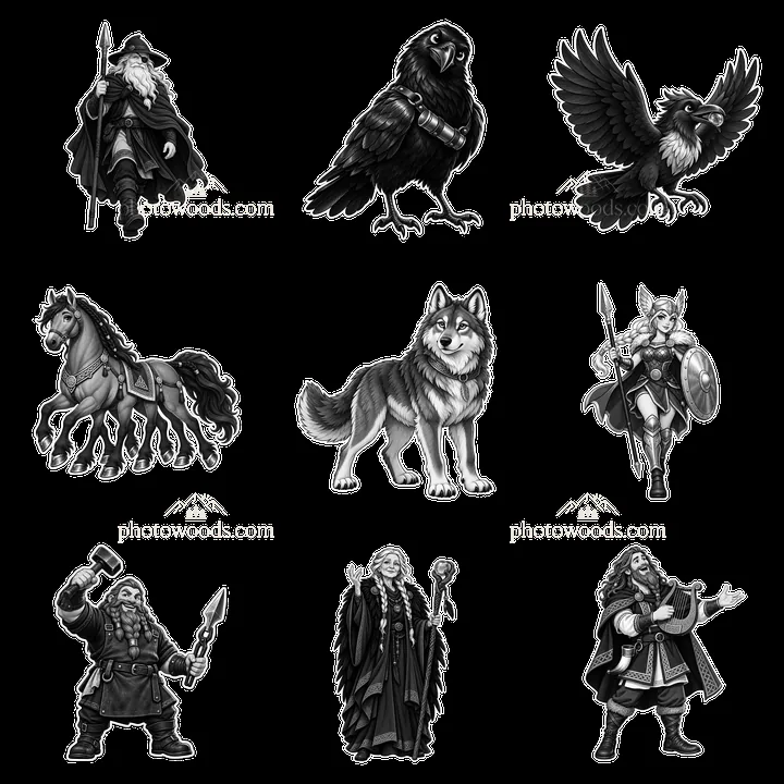 Odin surrounded by Norse symbols and figures in monochrome design - AI-generated stock image