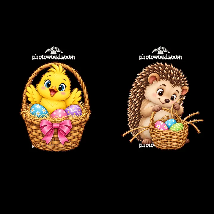 Easter basket with chick and hedgehog holding colorful eggs - AI-generated stock image