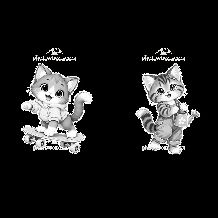 Kawaii cats skateboarding and watering flowers in black-and-white - AI-generated stock image