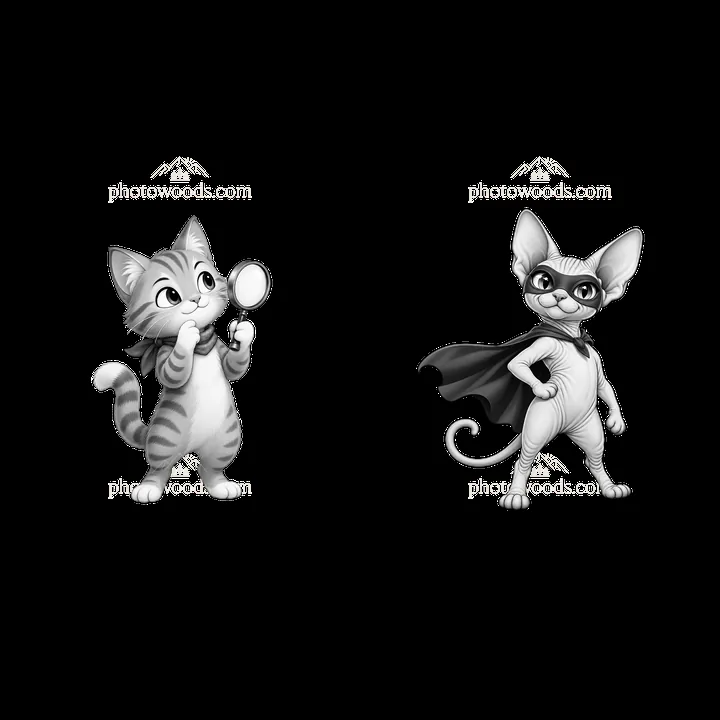 Two cartoon cats with a magnifying glass and a superhero cape - AI-generated stock image