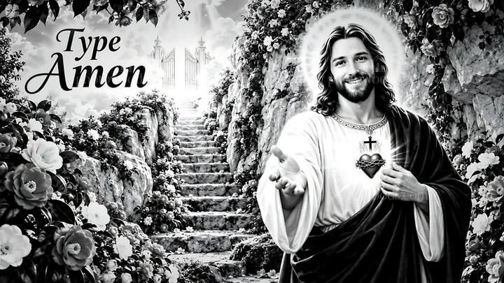 Man with open hand and heart in front of stairway and flowers - AI-generated stock image