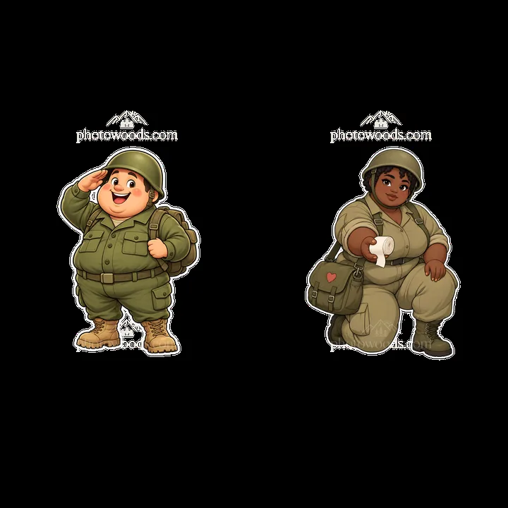 Cute ultra-chubby soldier pair stickers featuring diverse characters - AI-generated stock image