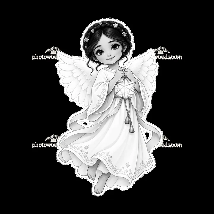 Christ Child holds a gift with wings in black and white illustration - AI-generated stock image