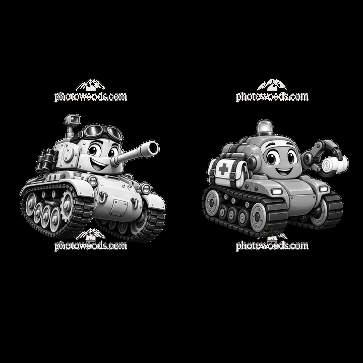 Friendly cartoon tanks with happy faces and accessories - AI-generated stock image