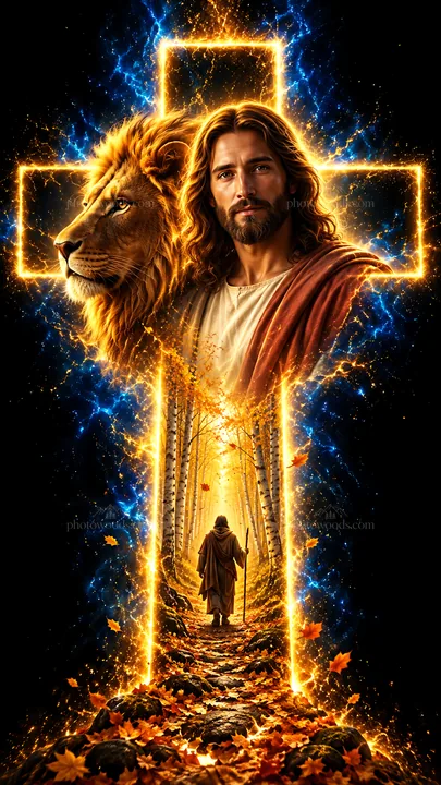 Jesus Christ welcoming a traveler through a glowing forest path - AI-generated stock image