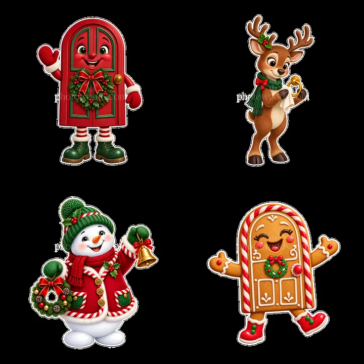 Christmas door characters in a festive 2x2 arrangement - AI-generated stock image