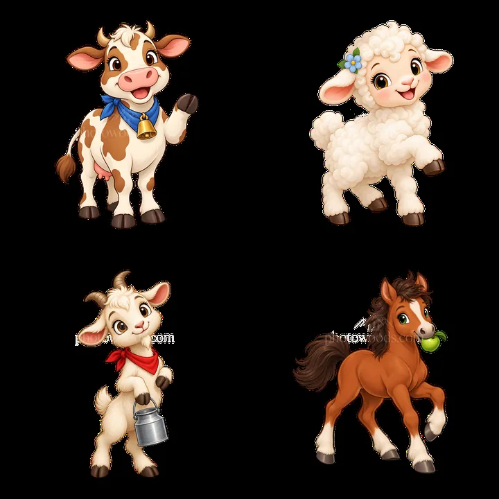 Cartoon farm animals with cow, sheep, goat, and horse - AI-generated stock image