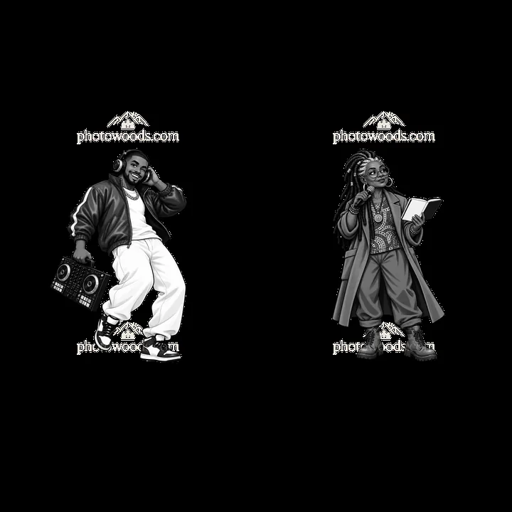 Two hip-hop artists with a boombox and a book - AI-generated stock image