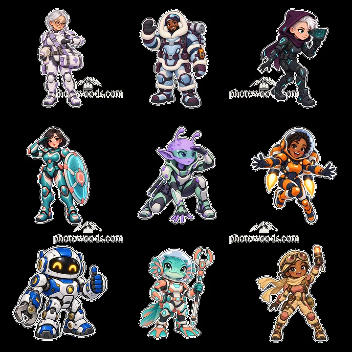 Kawaii futuristic super-soldier characters in a 3x3 layout - AI-generated stock image