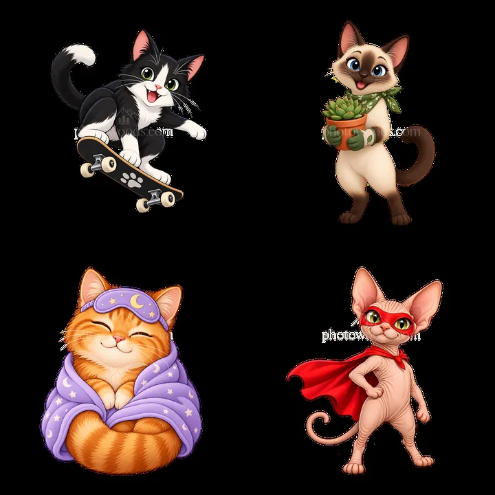 Cartoon cat stickers with skateboard, plant, sleeping, and superpower - AI-generated stock image