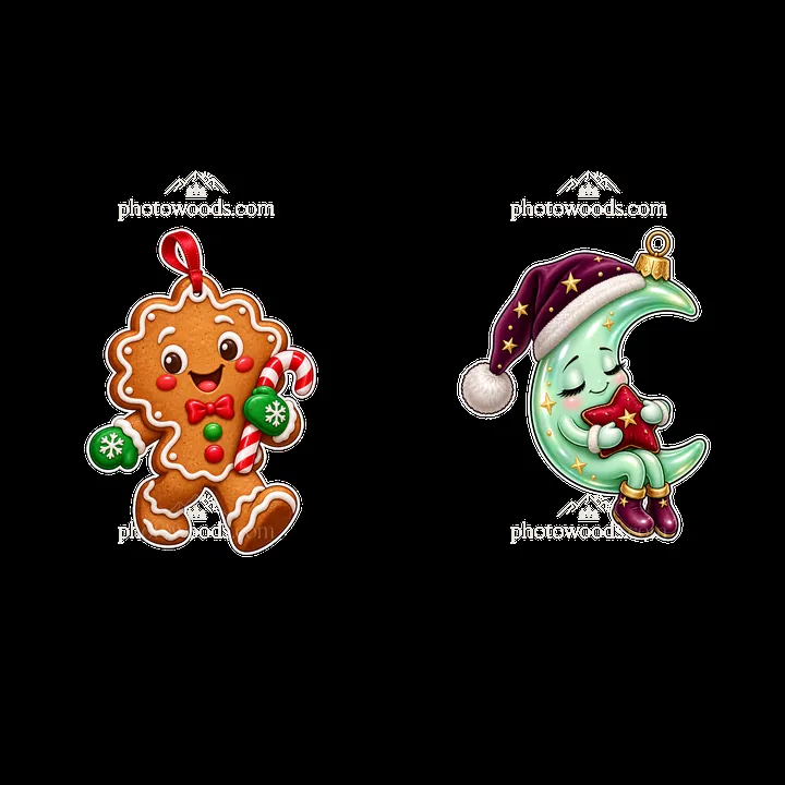 Gingerbread cookie and moon character with Christmas hat sticker - AI-generated stock image