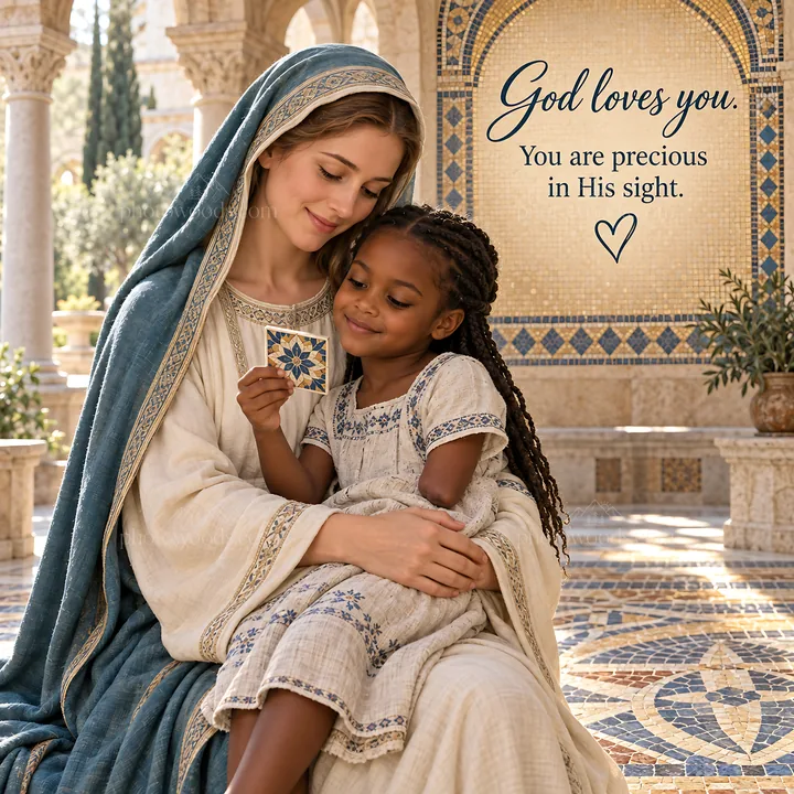 Jesus Christ comforts a child in a peaceful setting - AI-generated stock image