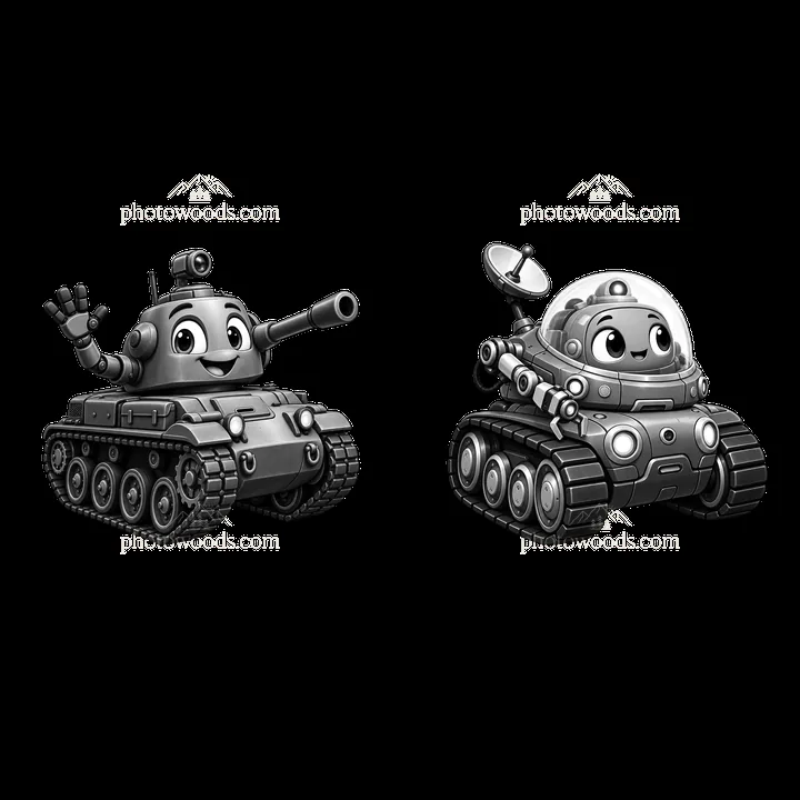 Cartoon tank characters interacting in monochrome design - AI-generated stock image