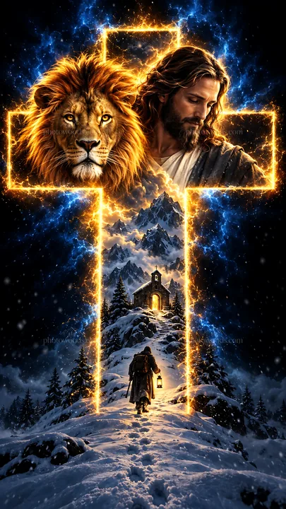 Jesus Christ guiding a traveler through a snowy landscape - AI-generated stock image
