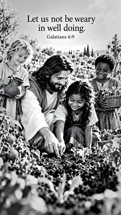 Jesus Christ teaching children in a garden - AI-generated stock image