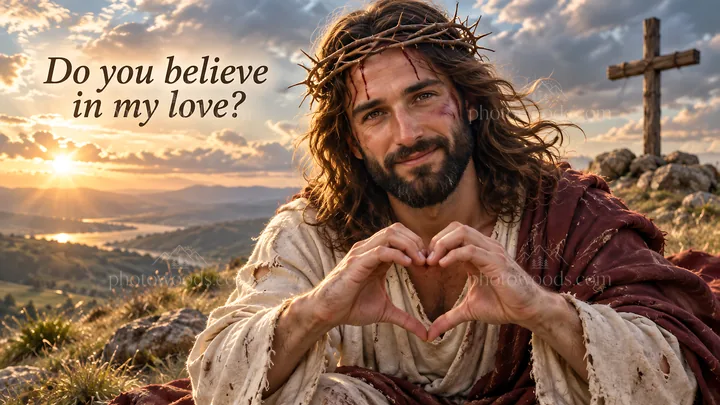 Jesus Christ sharing love with heart gesture in nature - AI-generated stock image