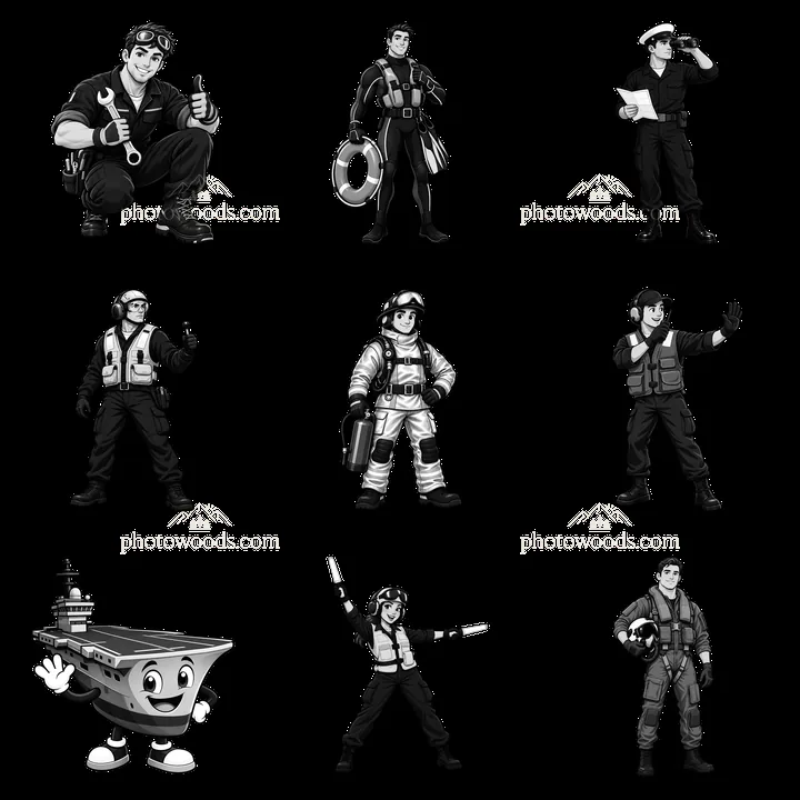 Cartoon stickers of naval crew and aircraft carrier characters - AI-generated stock image