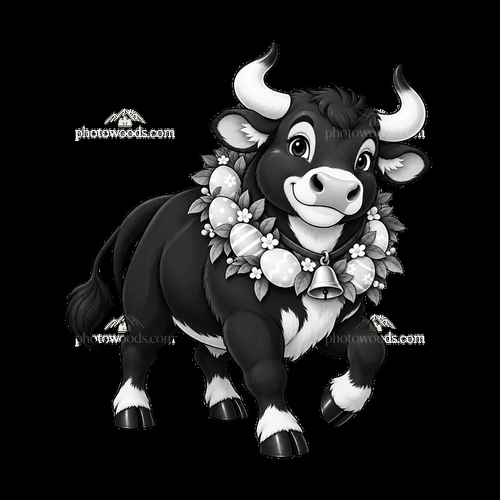 Easter ox with floral garland and bell in black and white art - AI-generated stock image