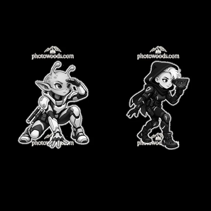 Kawaii futuristic super-soldier characters in black and white - AI-generated stock image