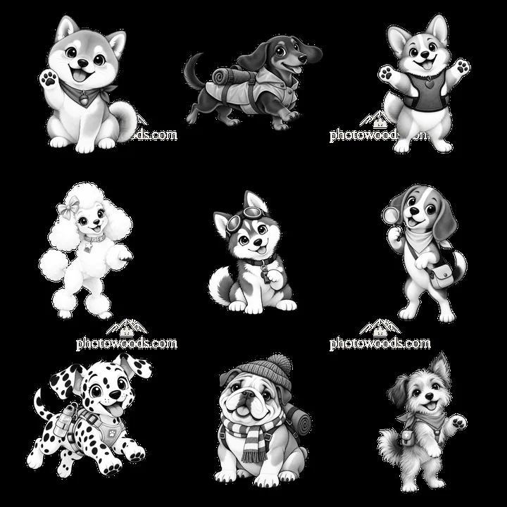 Cute K-9 dogs arranged in a 3x3 grid in cartoon style - AI-generated stock image