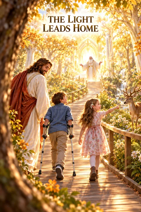 Jesus Christ guiding children on a path to home - AI-generated stock image