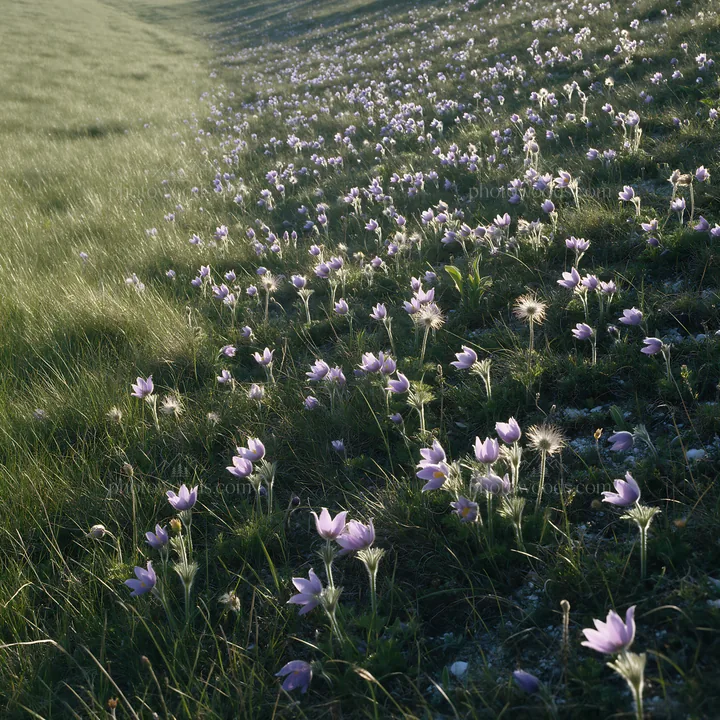 Sunny chalk meadow with flowers in the countryside - AI-generated stock image