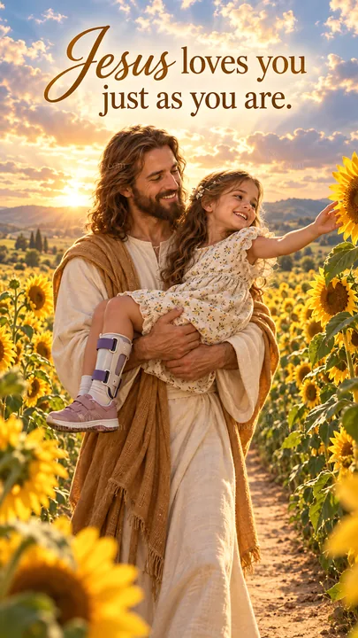Jesus Christ with a girl in a sunflower field - AI-generated stock image