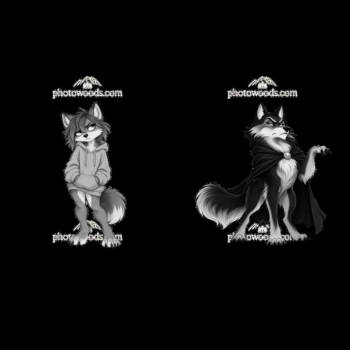 Grumpy wolf character stickers with hoodie and cloak - AI-generated stock image