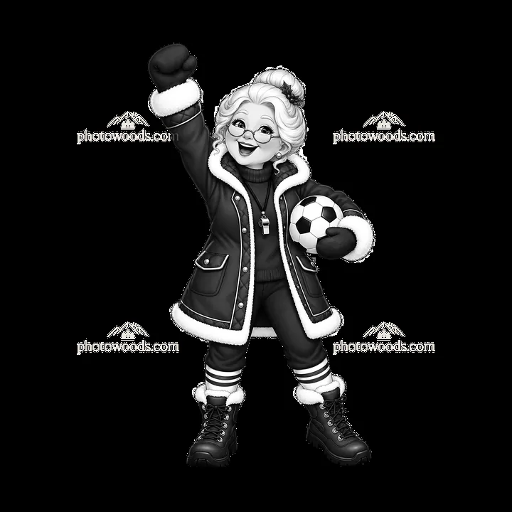 Mrs. Claus celebrates Christmas while holding a soccer ball - AI-generated stock image