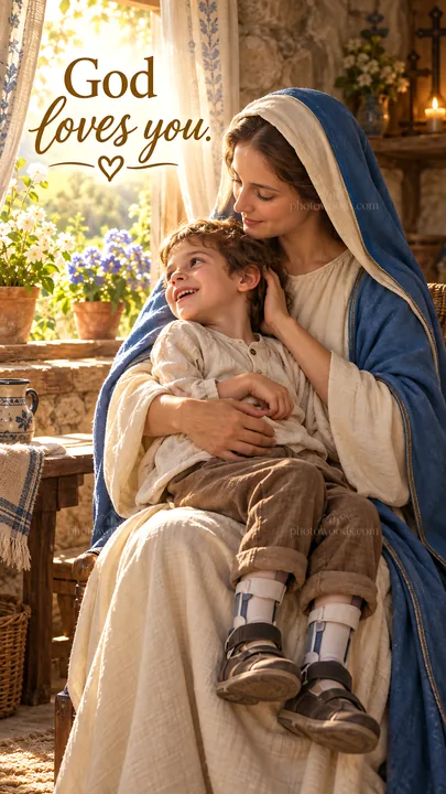 Jesus Christ shares love and comfort with a child - AI-generated stock image