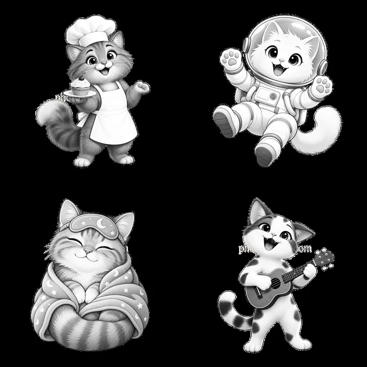 Four cartoon cats in fun costumes and activities - AI-generated stock image