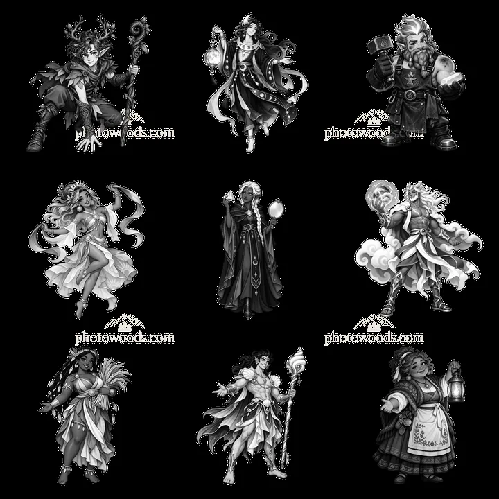 Pagan gods in a 3x3 grid with diverse poses and styles - AI-generated stock image