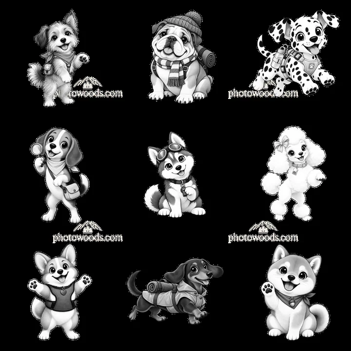 Cute K-9 dog stickers in a 3x3 grid layout - AI-generated stock image