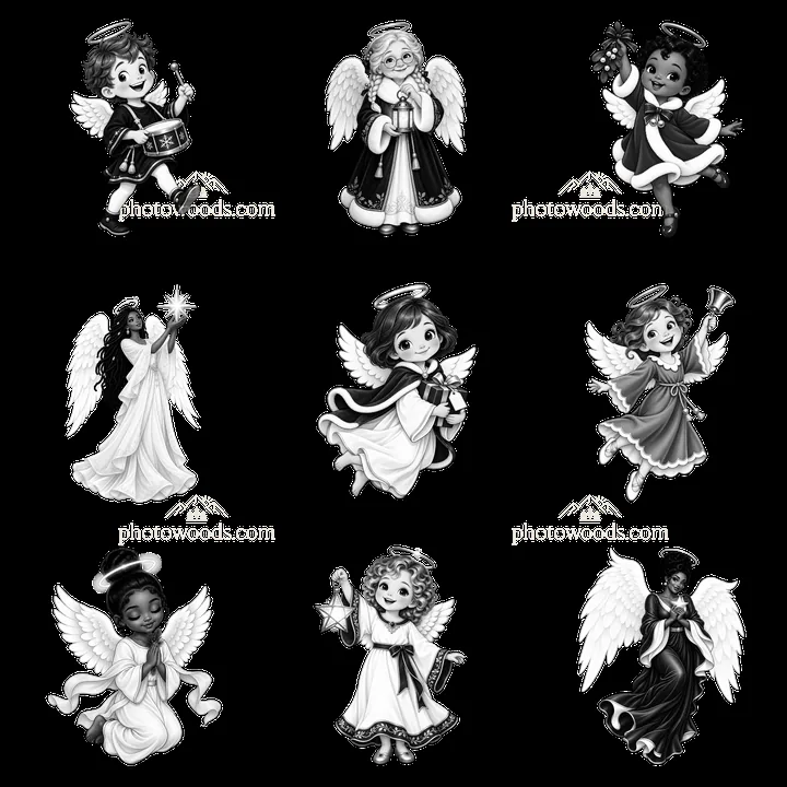 Nine Christmas angels in a grid layout - AI-generated stock image