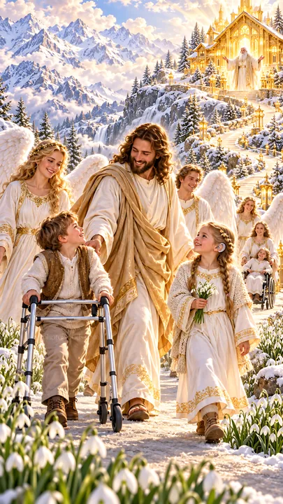 Jesus Christ walking with children in a snowy landscape - AI-generated stock image