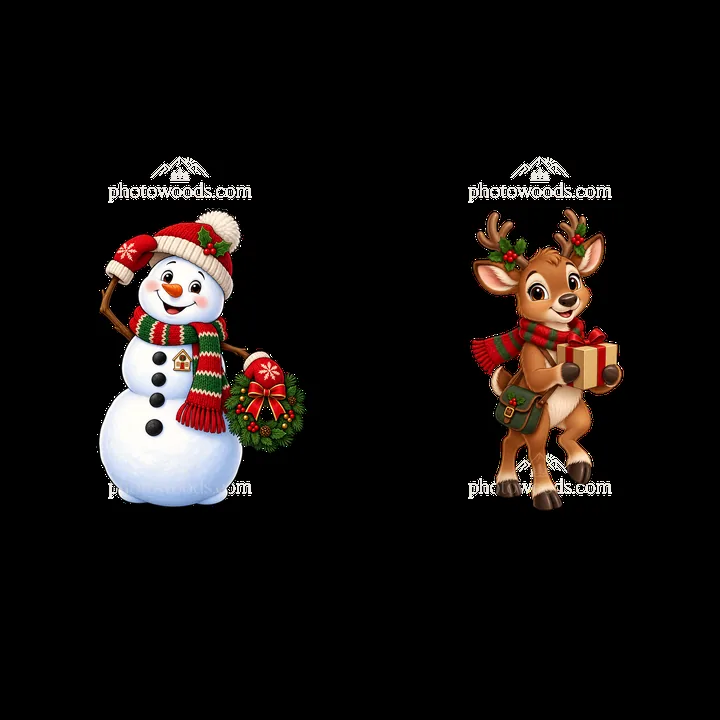 Snowman and reindeer with Christmas garland and gift - AI-generated stock image