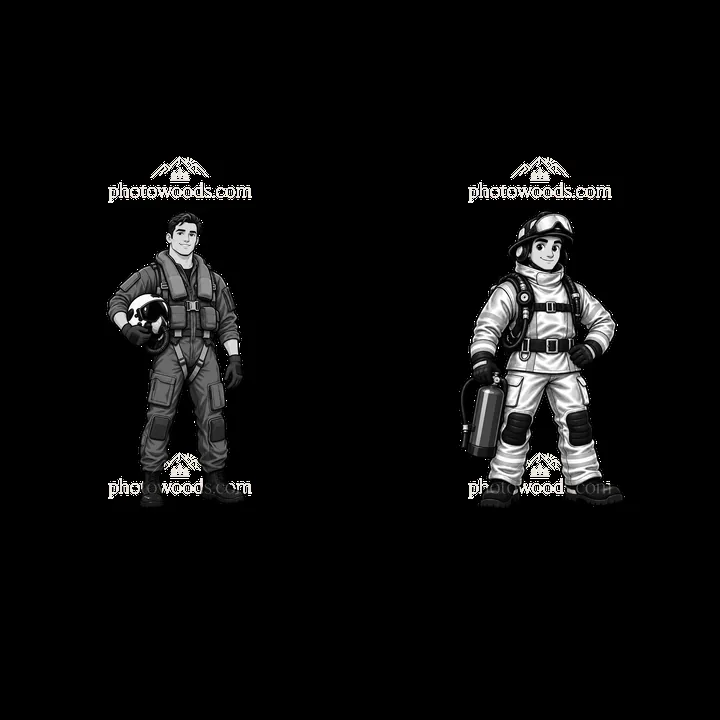 Pilot and firefighter characters on an aircraft carrier - AI-generated stock image